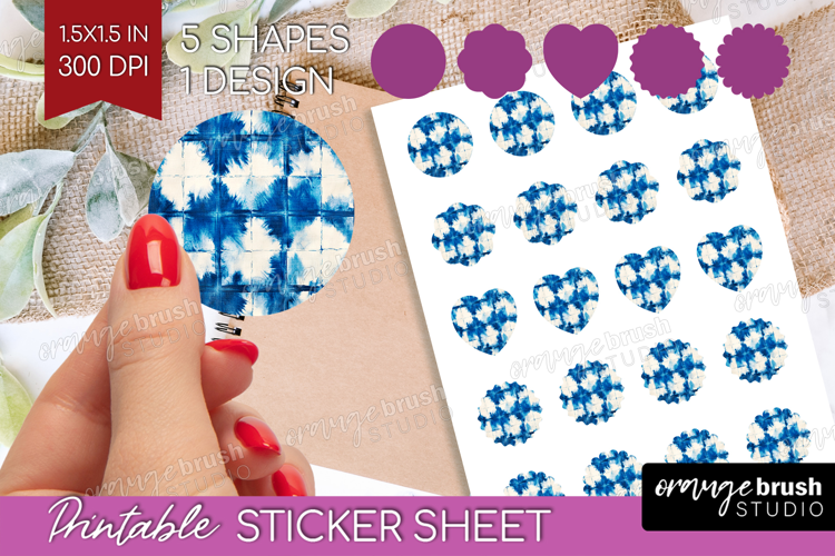 Blue Tie Dye Round Sticker - Shibori Printable Sticker Sheet