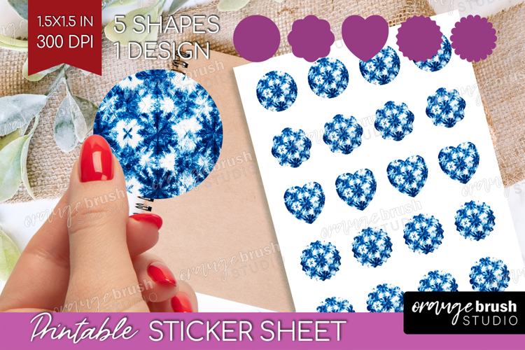 Blue Tie Dye Round Sticker - Shibori Printable Sticker Sheet