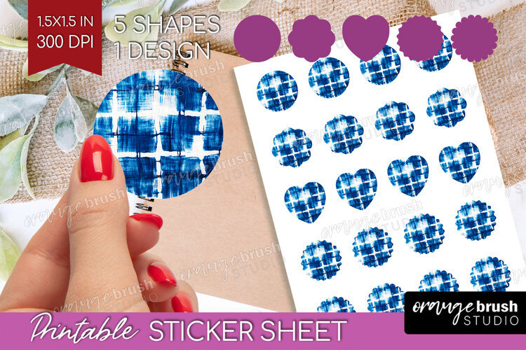 Blue Tie Dye Round Sticker - Shibori Printable Sticker Sheet example image 1
