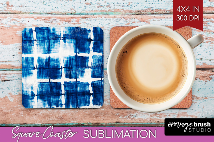Blue Tie Dye Square Coaster - Shibori Coaster PNG