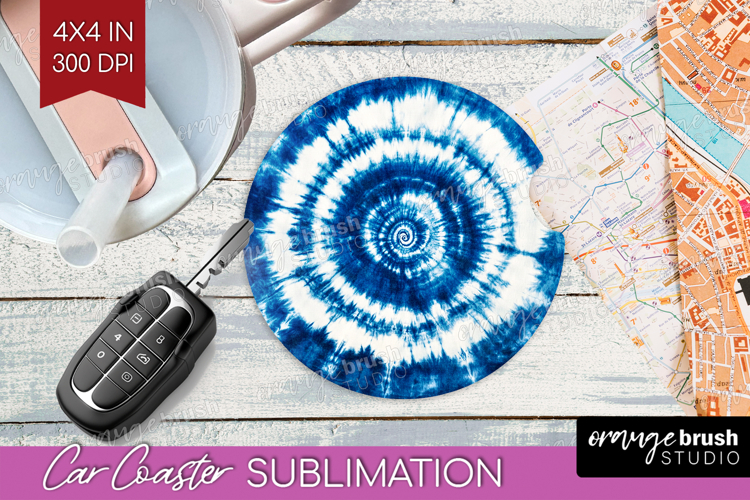 Blue Tie Dye Car Coaster - Shibori Coaster PNG Sublimation