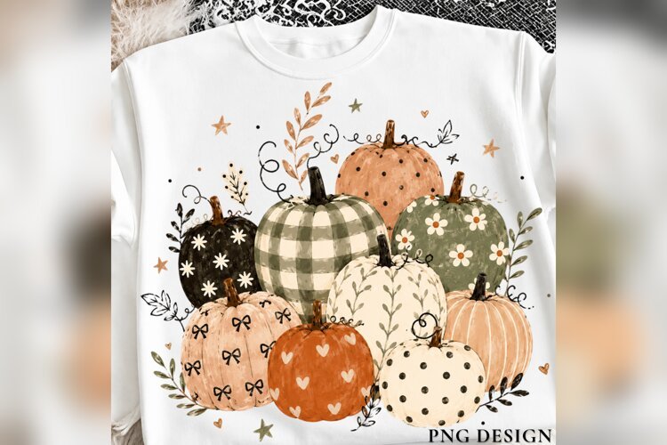 Boho Fall Pumpkins PNG, Neutral Gingham Floral Pumpkin png example image 1