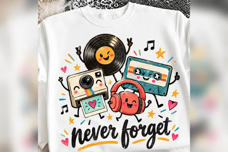 Retro Music Never Forget PNG, Vintage Cassette Vinyl Camera