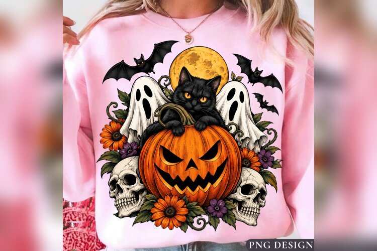 Black Cat Halloween PNG, Jack O Lantern Ghost Skull Design example image 1