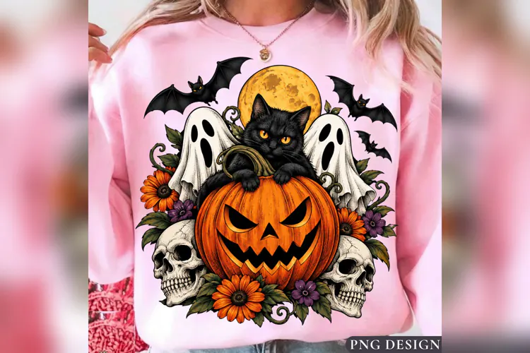 Black Cat Halloween PNG, Jack O Lantern Ghost Skull Design