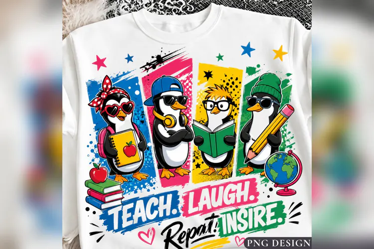 Teacher Penguins Back to School PNG, Teach Laugh Repeat