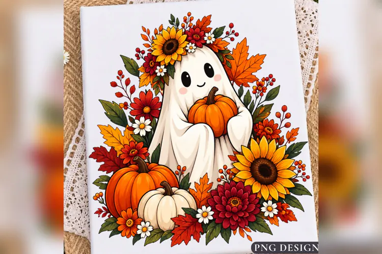 Cute Fall Ghost Pumpkin Sunflower PNG, Autumn Floral Hallowe