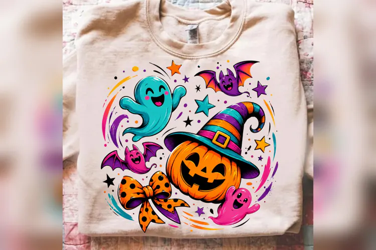Cute Halloween Pumpkin PNG, Colorful Ghost Witch Design