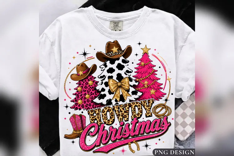 Howdy Christmas PNG, Pink Western Christmas Trees, Cowgirl