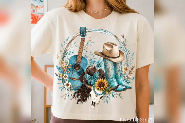 Western Cowgirl PNG, Turquoise Cowboy Boots PNG, Guitar Cow