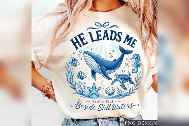 He Leads Me PNG, Psalm 23:2 Christian Ocean Design, Beside