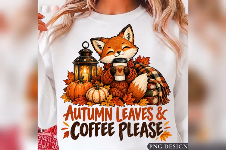 Autumn Leaves Coffee Fox PNG, Cute Fall Fox Design