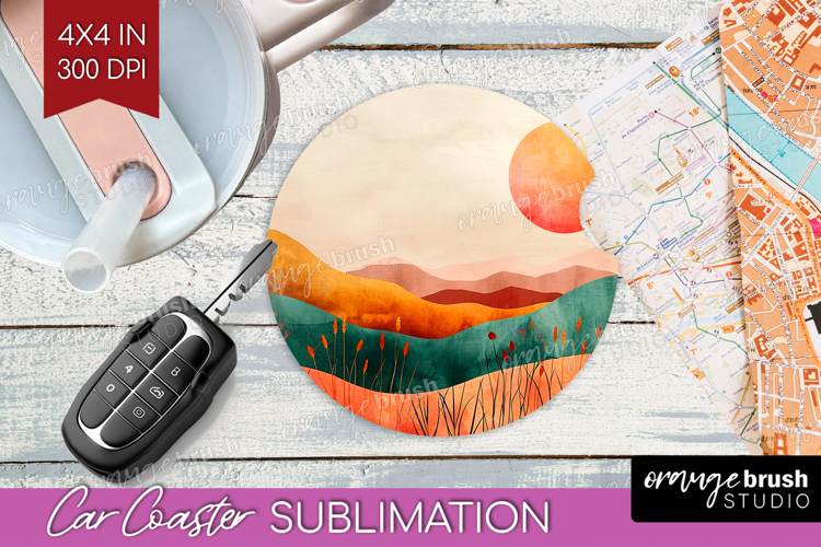 Boho Landscape Car Coaster - Minimalist Coaster PNG