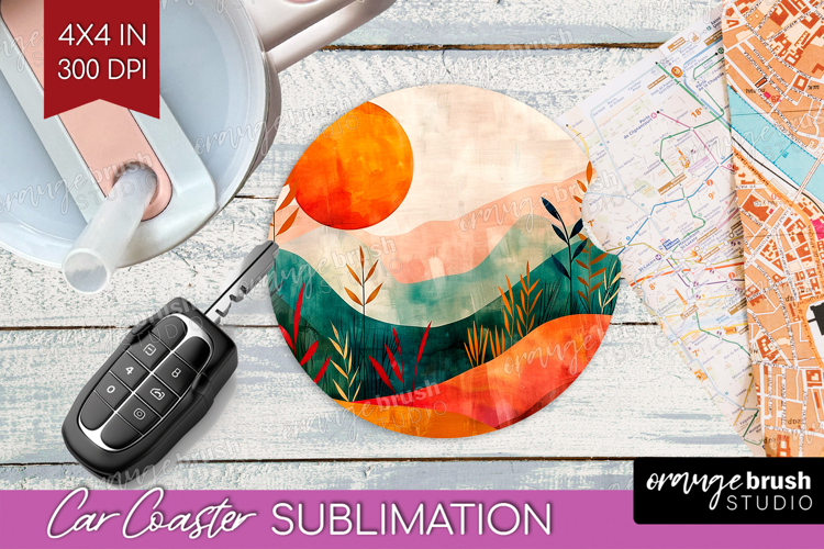Boho Landscape Car Coaster - Minimalist Coaster PNG