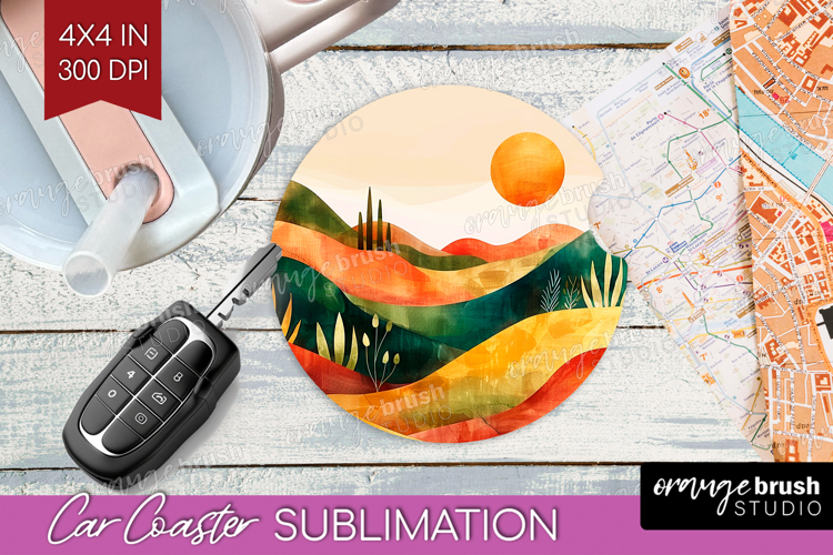 Boho Landscape Car Coaster - Minimalist Coaster PNG
