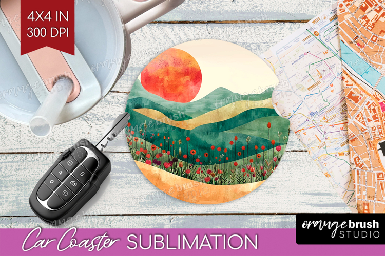 Boho Landscape Car Coaster - Minimalist Coaster PNG