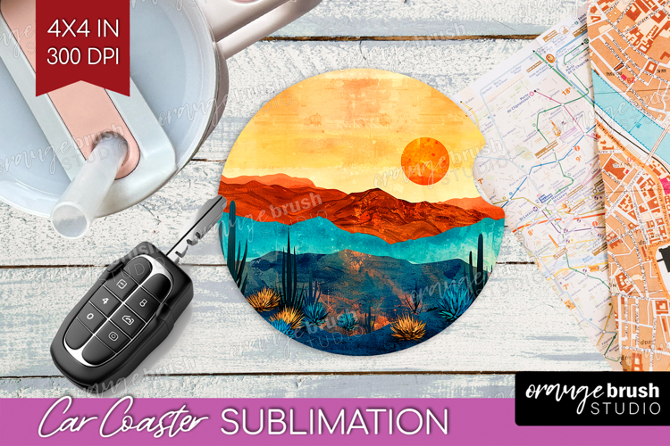 Boho Landscape Car Coaster - Minimalist Coaster PNG