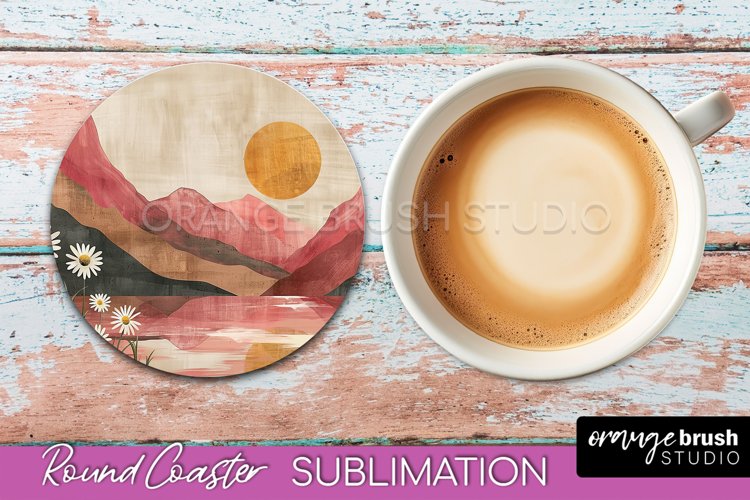 Boho Round Coaster Sublimation, Minimalist Landscape Design