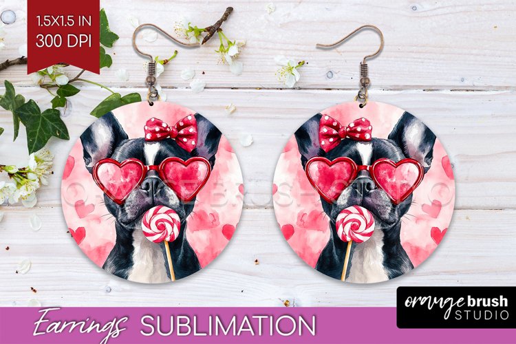 Boston Terrier Valentine Round Earrings Valentines Day PNG