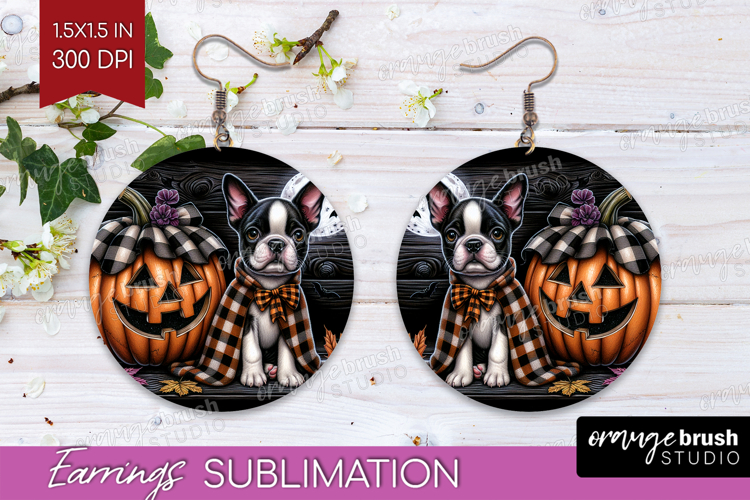 Boston Terrier Dog Round Earrings Halloween PNG Sublimation