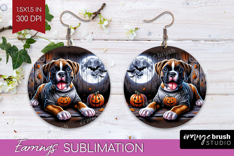 Boxer Dog Round Earrings Halloween PNG Sublimation