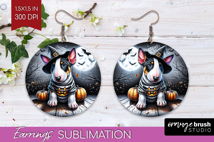 Bull Terrier Dog Round Earrings Halloween PNG Sublimation