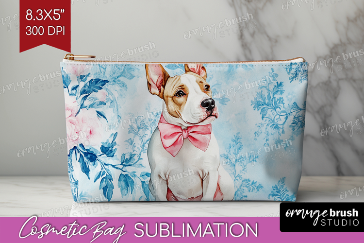 Bull Terrier Dog Cosmetic Bag Blue Toile Makeup Bag PNG