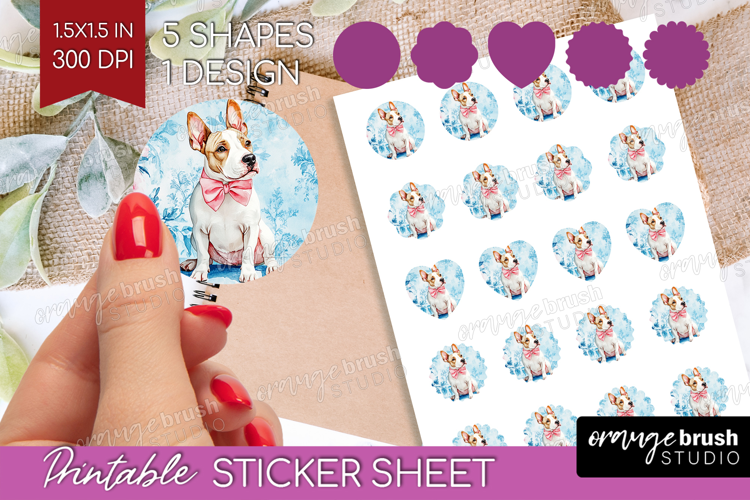 Bull Terrier Dog Round Sticker Blue Toile Printable Sticker