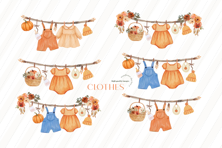 Fall Boho Baby Clothesline Clipart, Autumn Baby Outfit