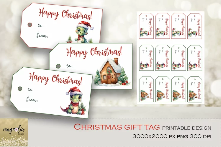 Christmas dinosaur Printable Gift Tags PNG