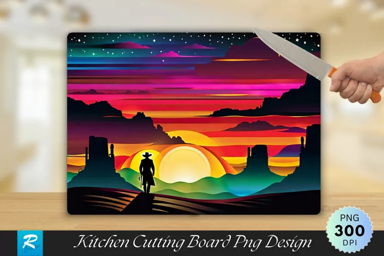 Man Stands In Front Of A Colorful Sky Cutting Board PNG