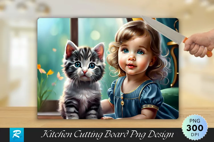 Cute Girl With Cat Cutting Board Sublimation Design