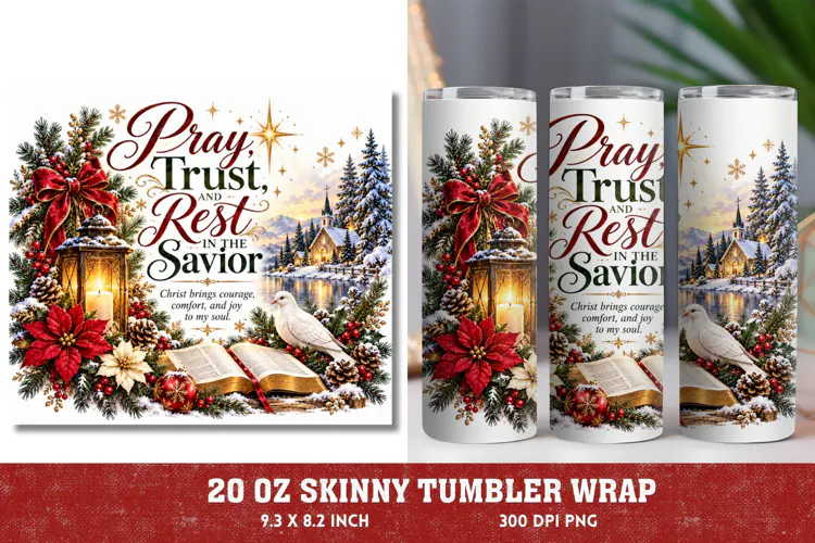 Pray Trust Rest 20oz Tumbler Wrap, Christian Christmas Praye