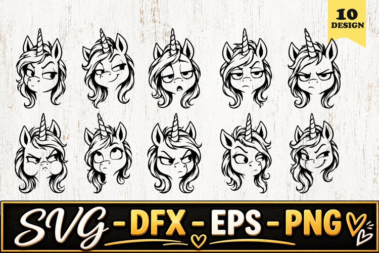 Grumpy Unicorn Face Cartoon SVG PNG example image 1