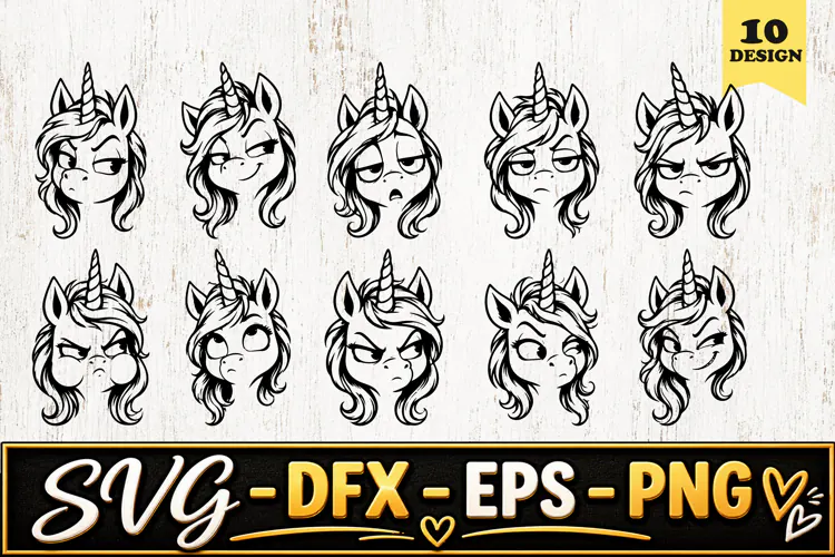 Grumpy Unicorn Face Cartoon SVG PNG