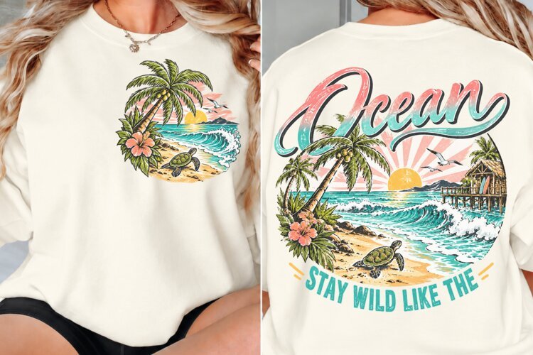 Ocean Front Back Shirt Design, Tropical Beach Front Back PNG example image 1