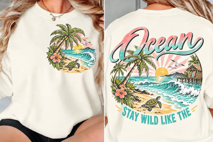 Ocean Front Back Shirt Design, Tropical Beach Front Back PNG