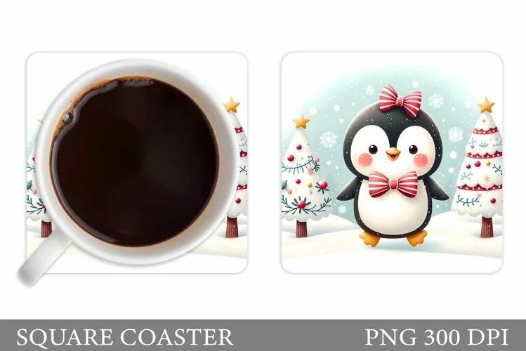 Cute Penguin Coaster Sublimation. Christmas Coaster Design