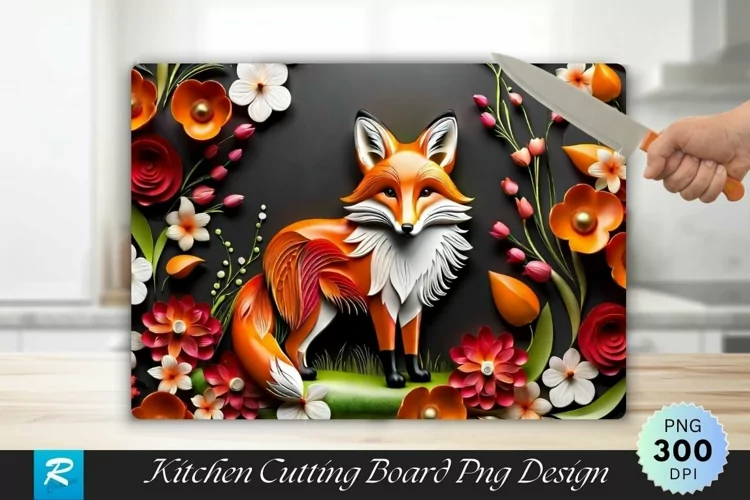 Fox With Flowers Cutting Board Sublimation Design