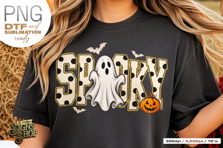 Spooky Ghost PNG DTF Preppy Halloween Polka Dot Design