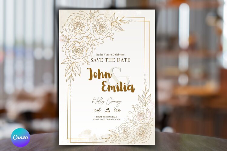 Elegant Gold Floral Wedding Invitation Canva Template example image 1