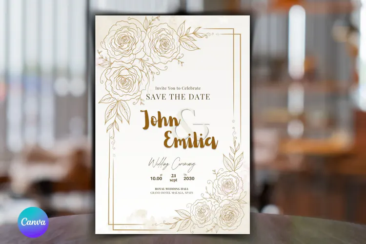 Elegant Gold Floral Wedding Invitation Canva Template