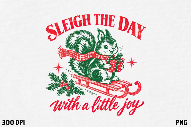Vintage Christmas Squirrel Sleigh Retro Holiday PNG example image 1