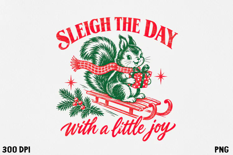 Vintage Christmas Squirrel Sleigh Retro Holiday PNG