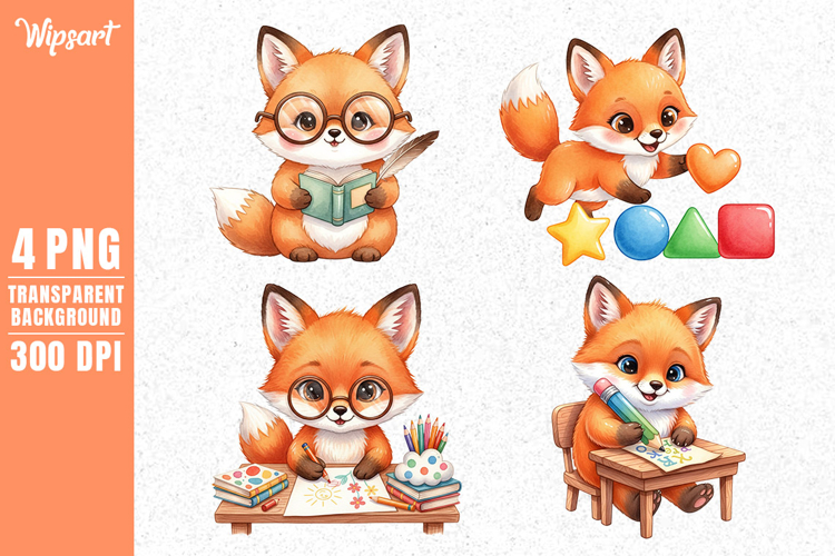 Cute Baby Fox Learning & Play Clipart PNG