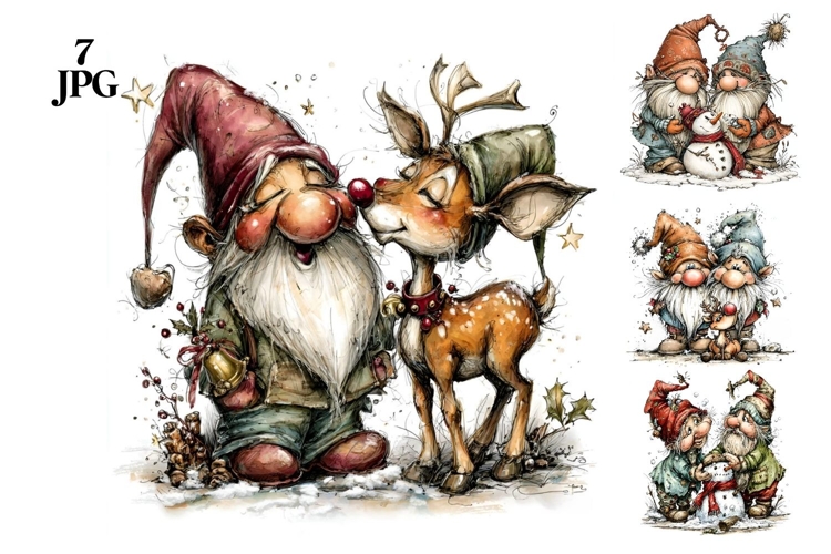 7 JPG Whimsical Cute Christmas Gnomes Illustrations Bundle
