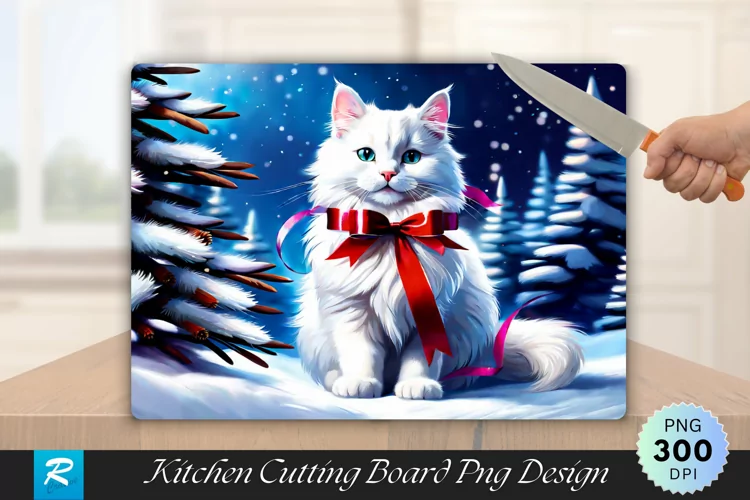 Ginger Kitten Snowy Hill with Christmas Stars Cutting Board