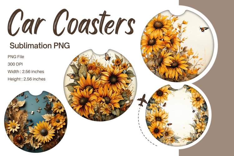 Butterfly Sunflower Car Coasters Sublimation Car Accessories