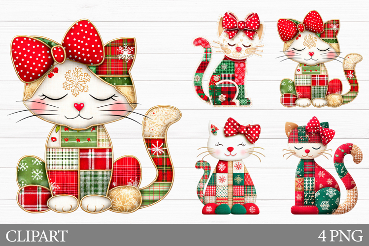 Christmas Cat Clipart. Patchwork Christmas Clipart