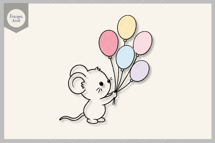 Cute Baby Mouse SVG, Mouse with Balloons Cut File, Birthday example image 1